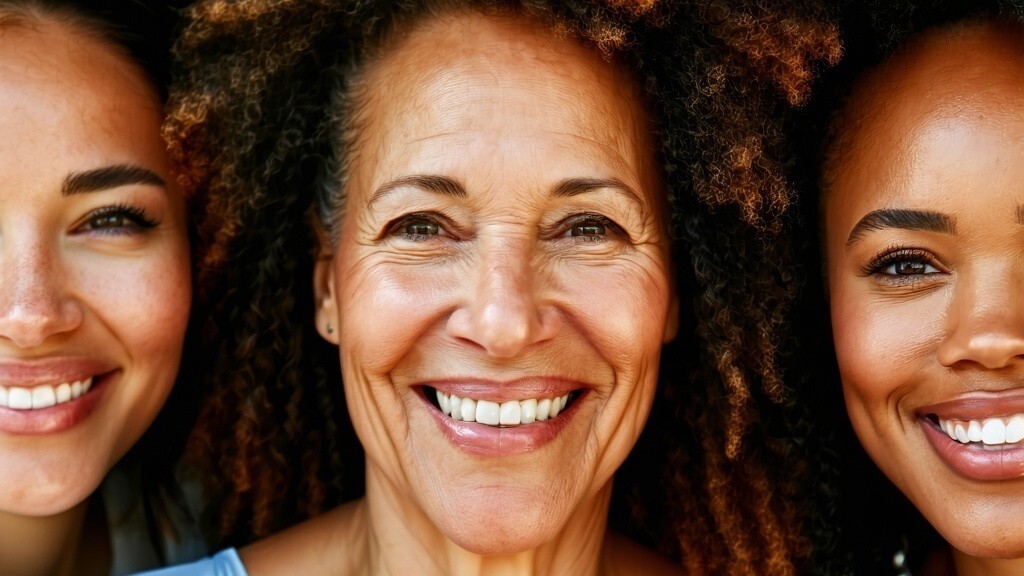 three women with healthy looking skin, smiling.